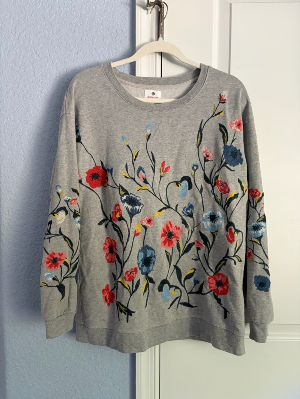 Sundry Gray Sweatshirt with Multicolor Floral Embroidery